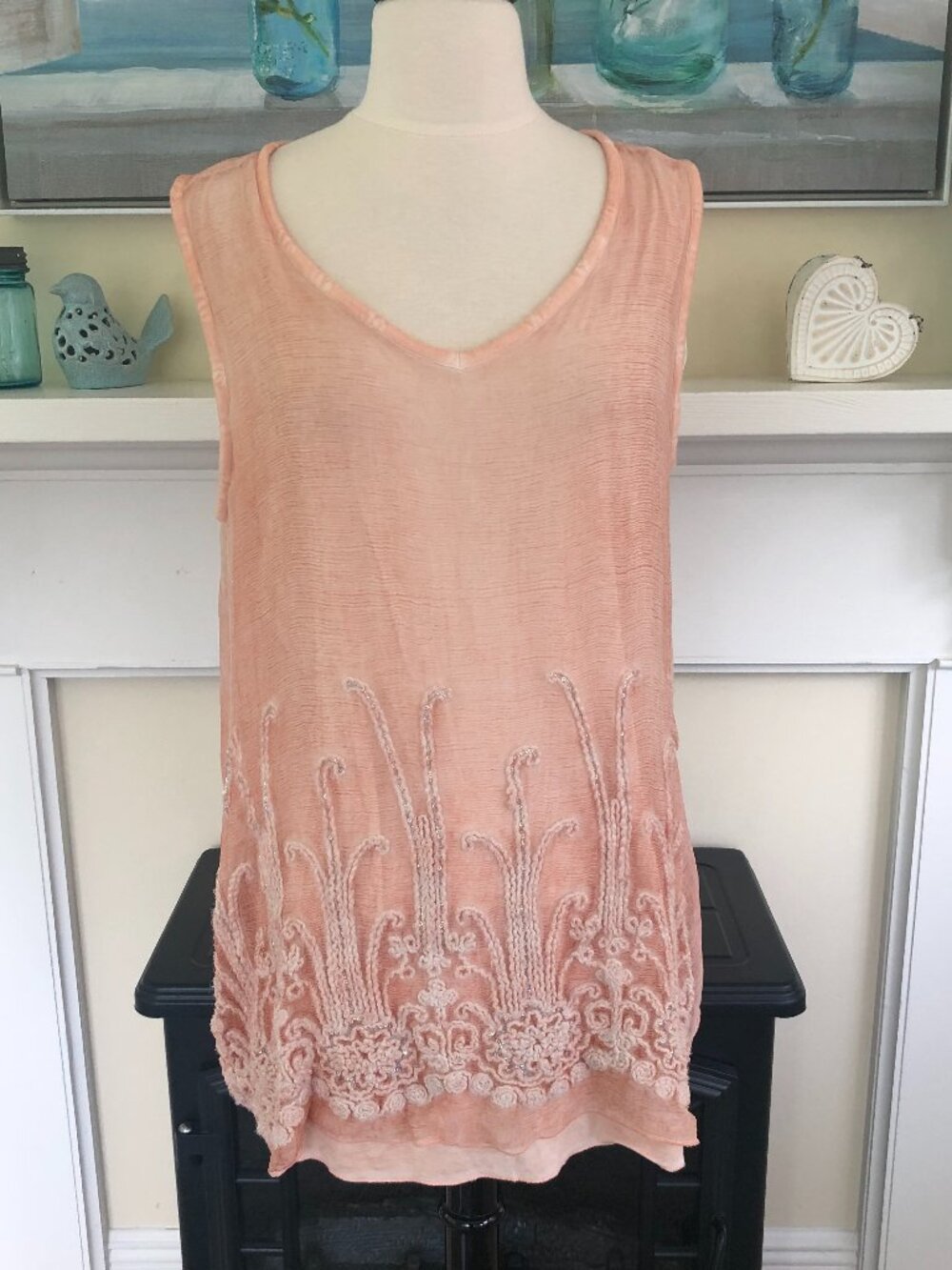 Soft Surroundings 100% Silk Peach Tunic Tank Large Fairycore Ethereal Gauzy
